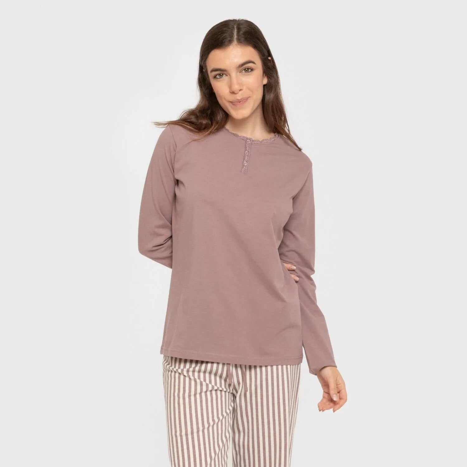 Pijama comprido de algodão, listrado Kodac, berinjela, seco