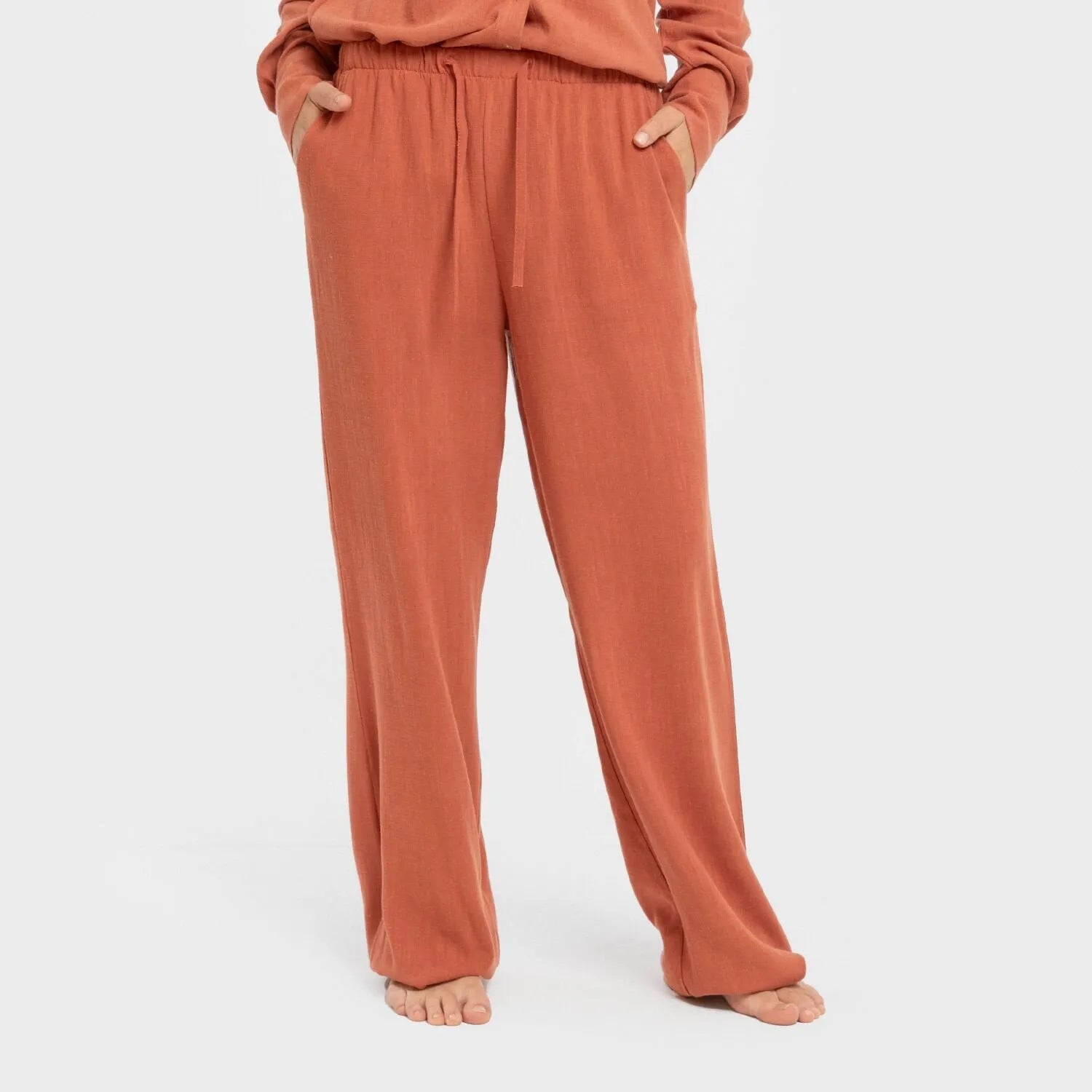 Calças compridas de linho liso para mulheres