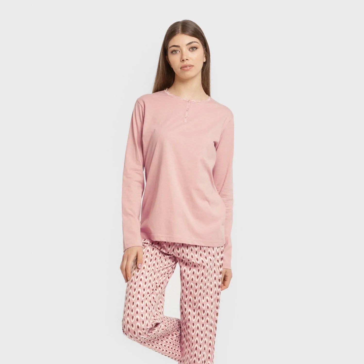 Pijama longo de algodão rosa Tana keike
