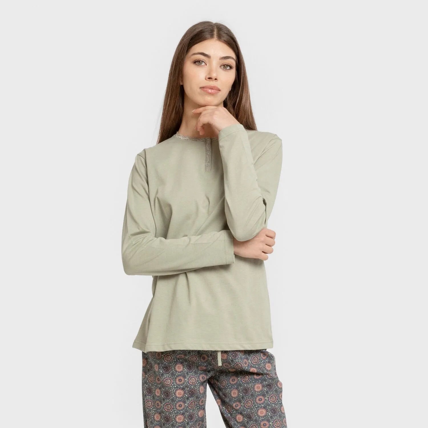 Pijama comprido Gabi de algodão verde claro