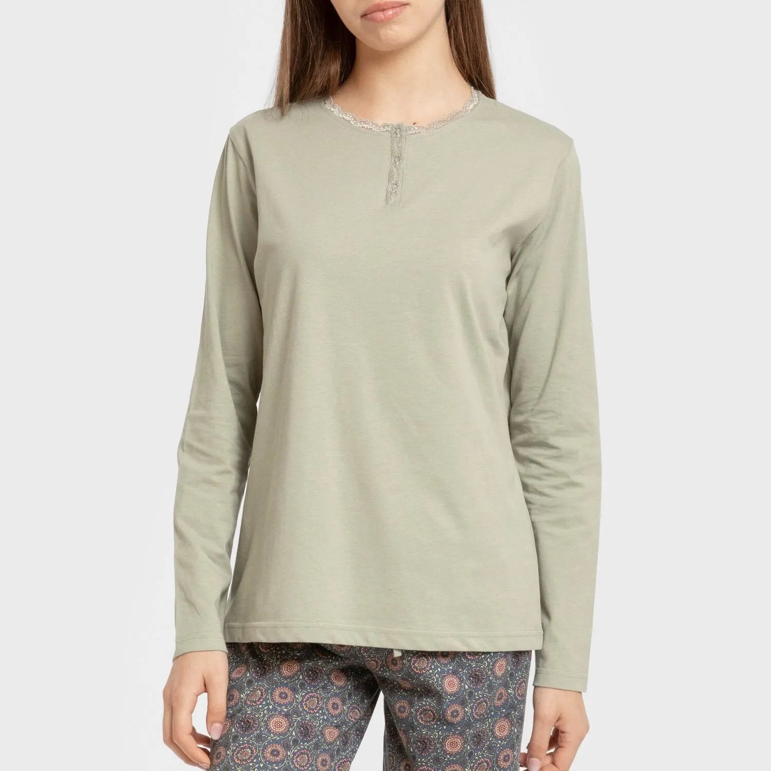 Pijama comprido Gabi de algodão verde claro