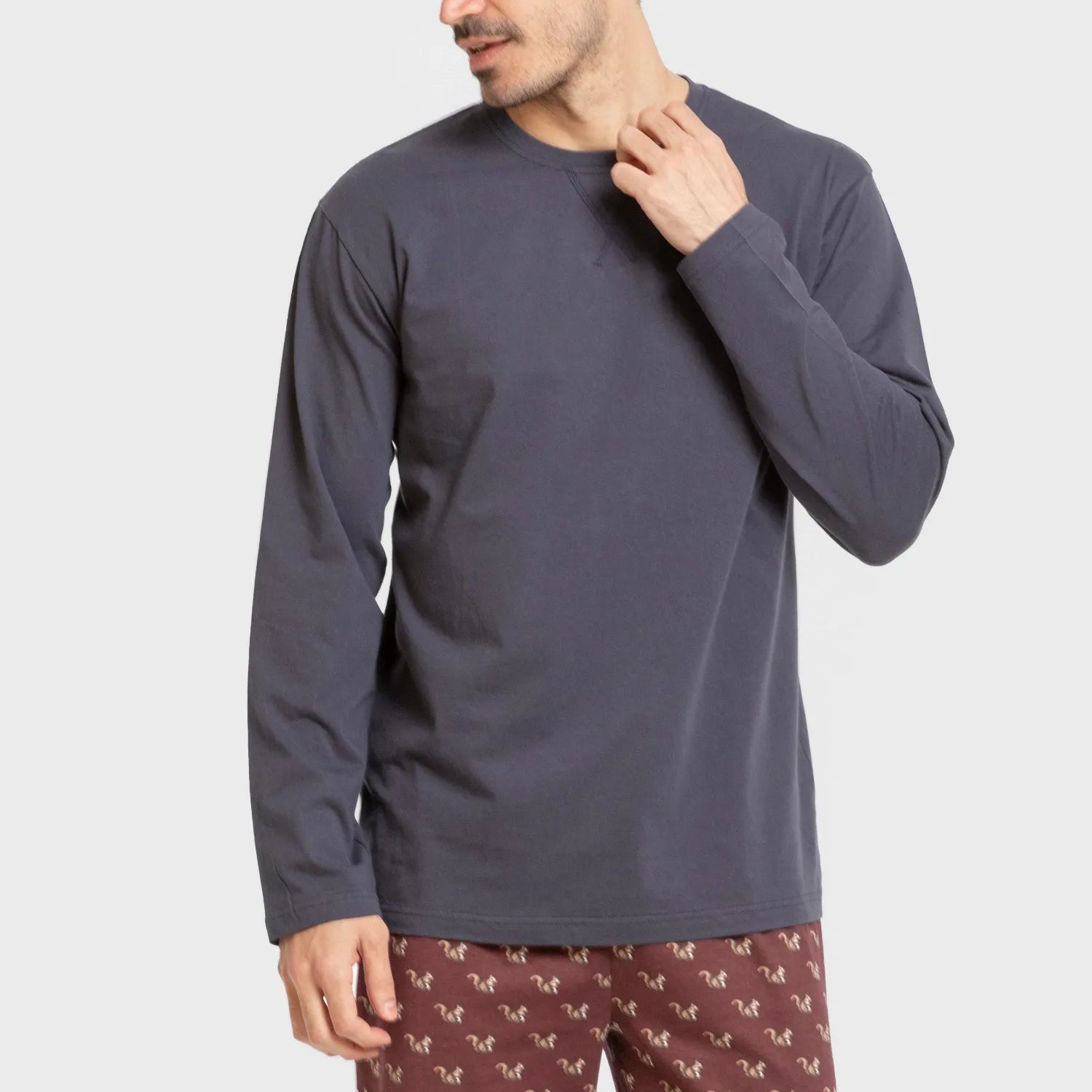 Pijama comprido masculino de algodão, estampa de esquilos azul marinho