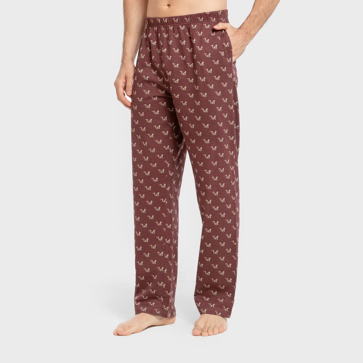 Pijama comprido masculino de algodão, estampa de esquilos azul marinho