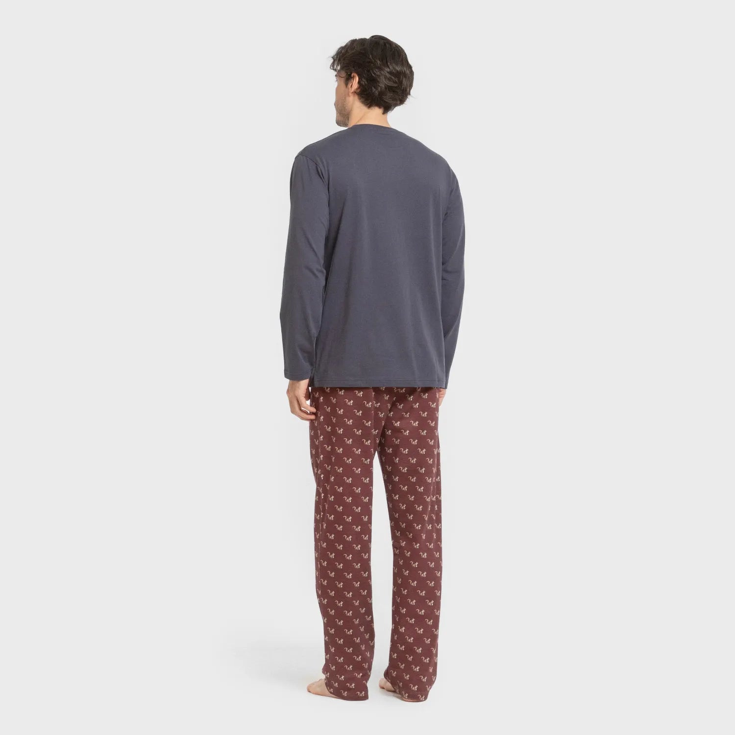 Pijama comprido masculino de algodão, estampa de esquilos azul marinho