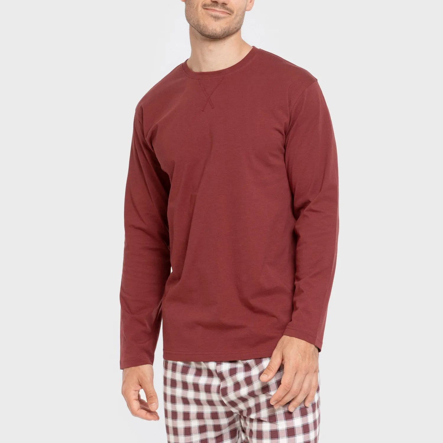 Pijama comprido masculino de algodão, modelo Gustavo xadrez bordô
