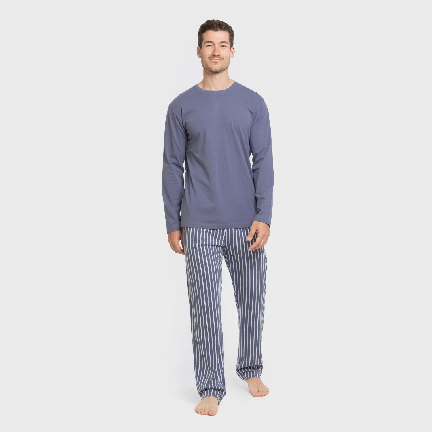 Pijama comprido masculino de algodão, listrado azul Fernando.