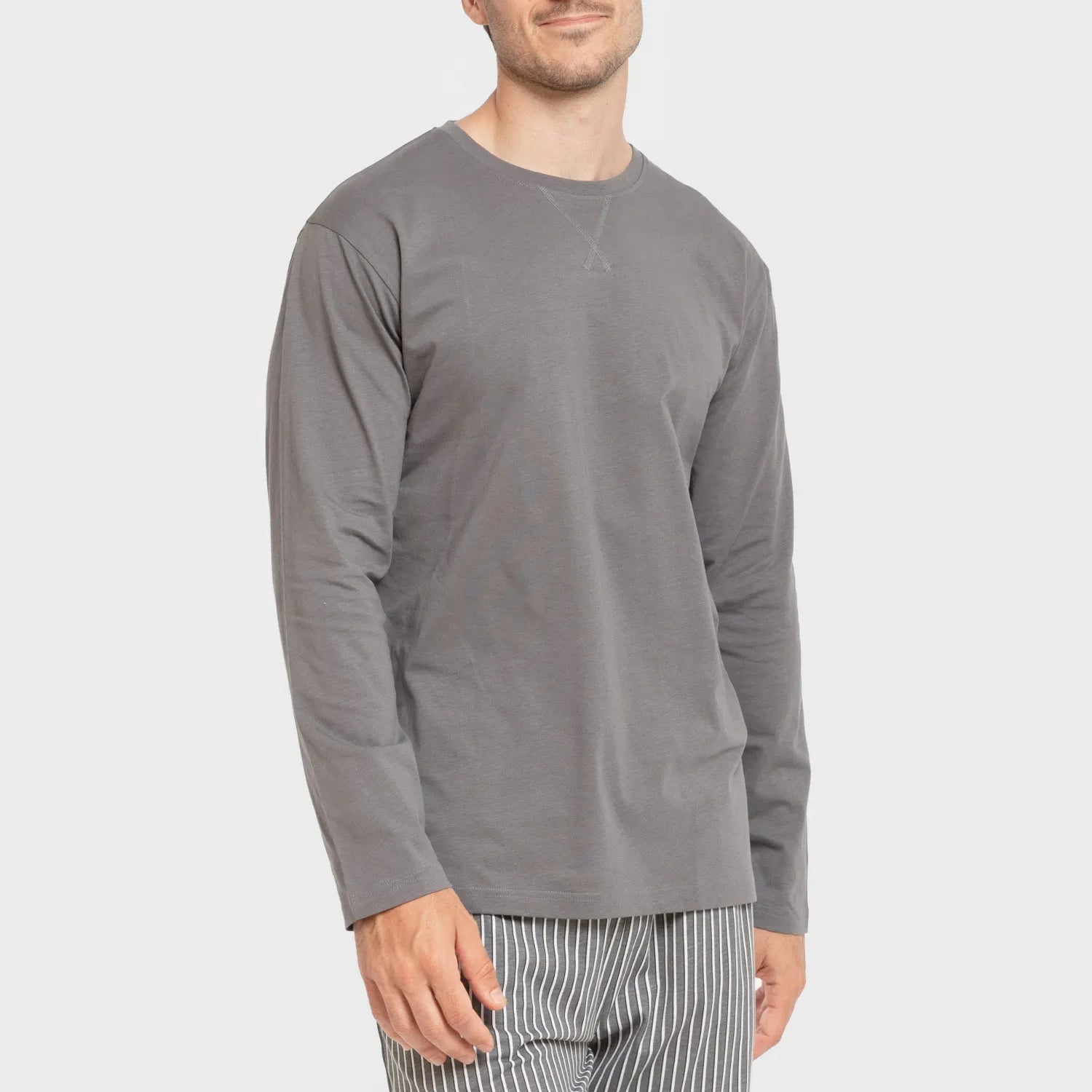 Pijama comprido masculino de algodão, listrado Hercules, cinza