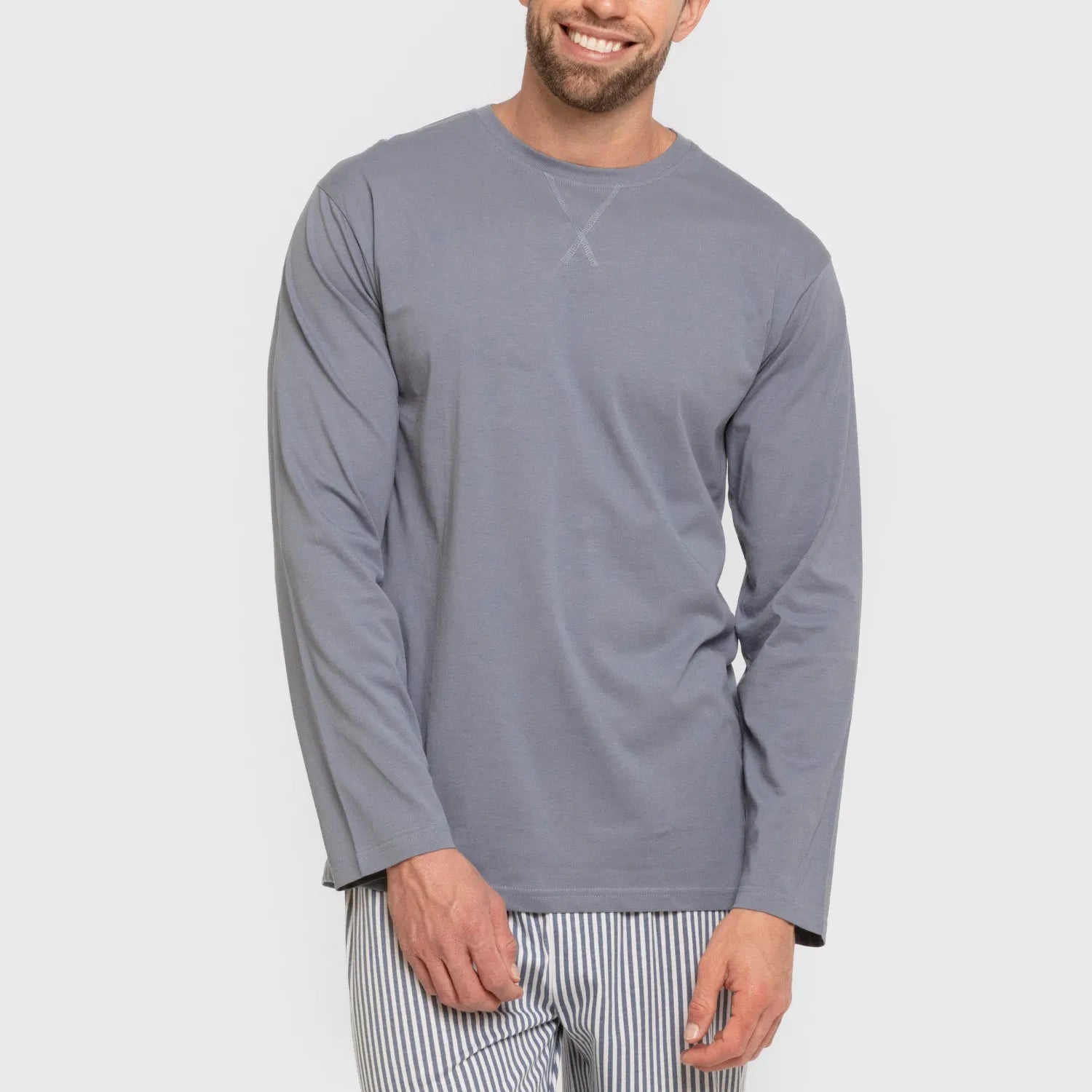 Pijama comprido masculino de algodão, Santi com listras índigo.