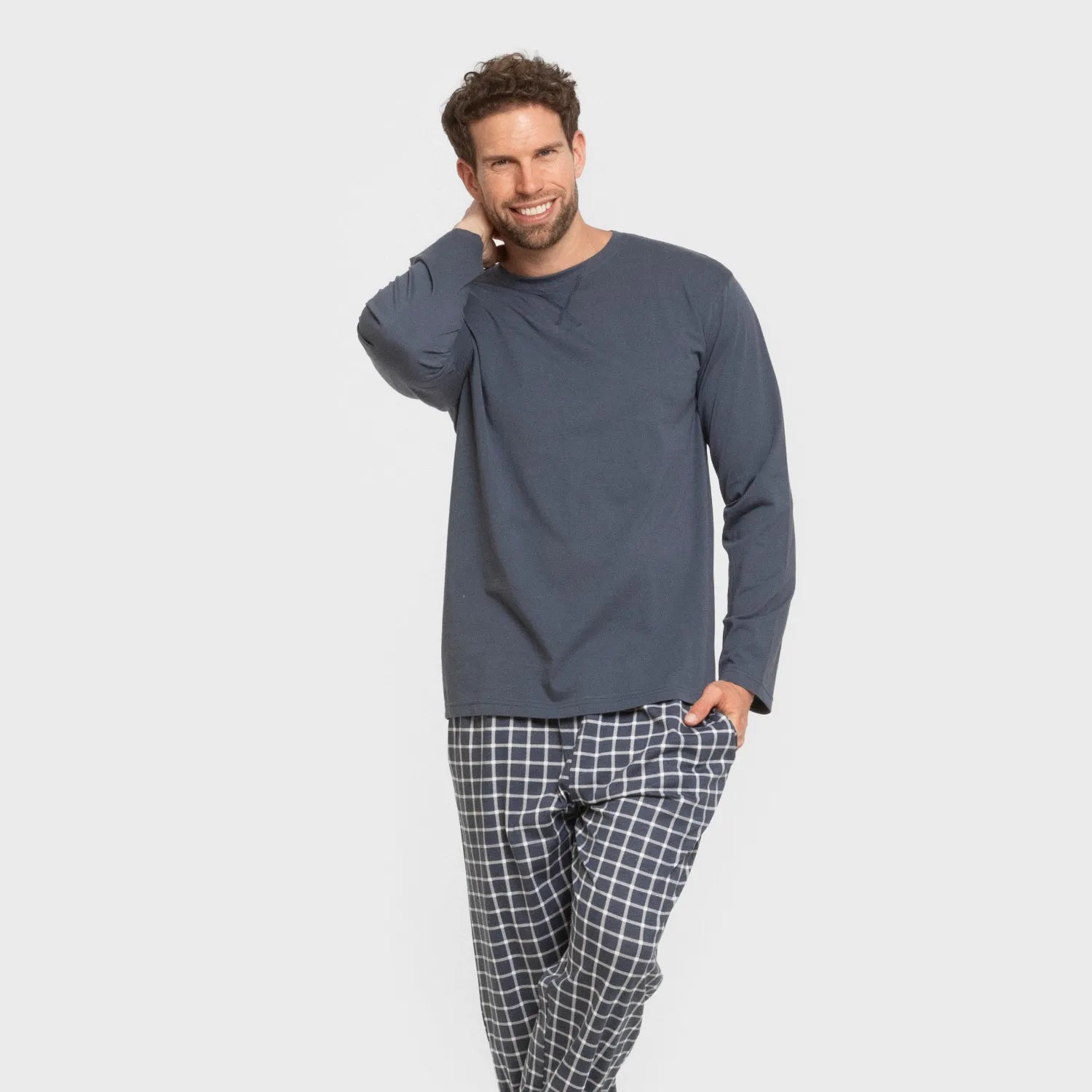 Pijama comprido masculino de algodão, xadrez azul Roberto