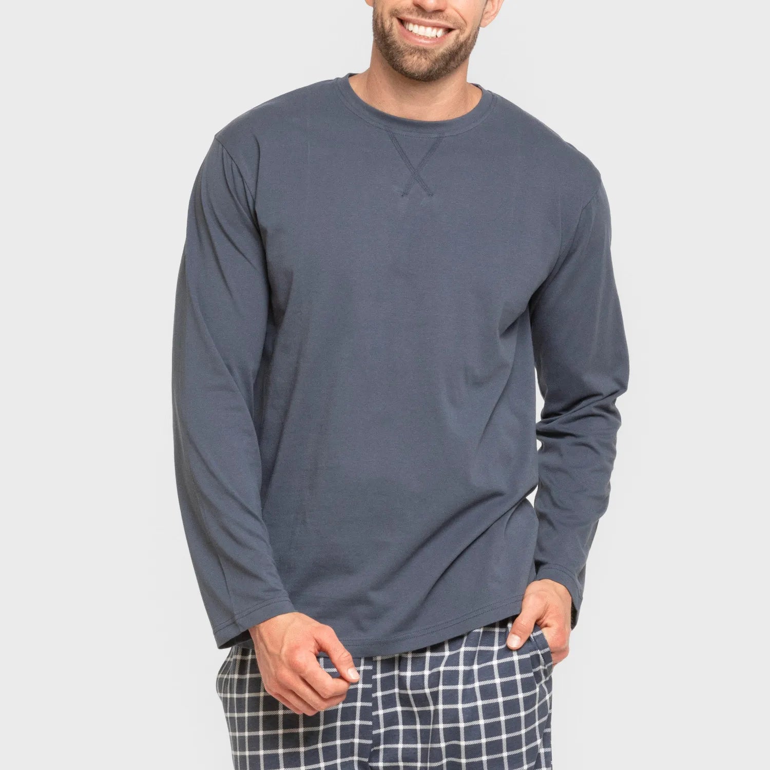 Pijama comprido masculino de algodão, xadrez azul Roberto