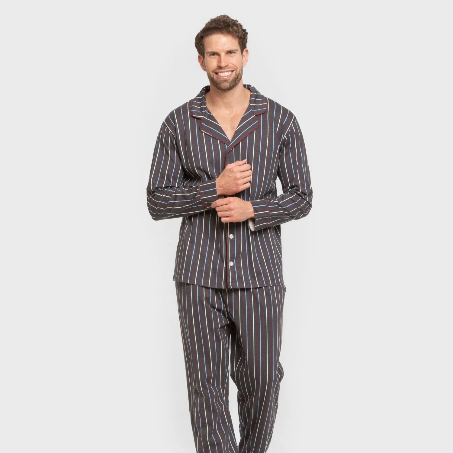 Pijama masculino longo estilo camisa de algodão, listrado em azul San Luis.