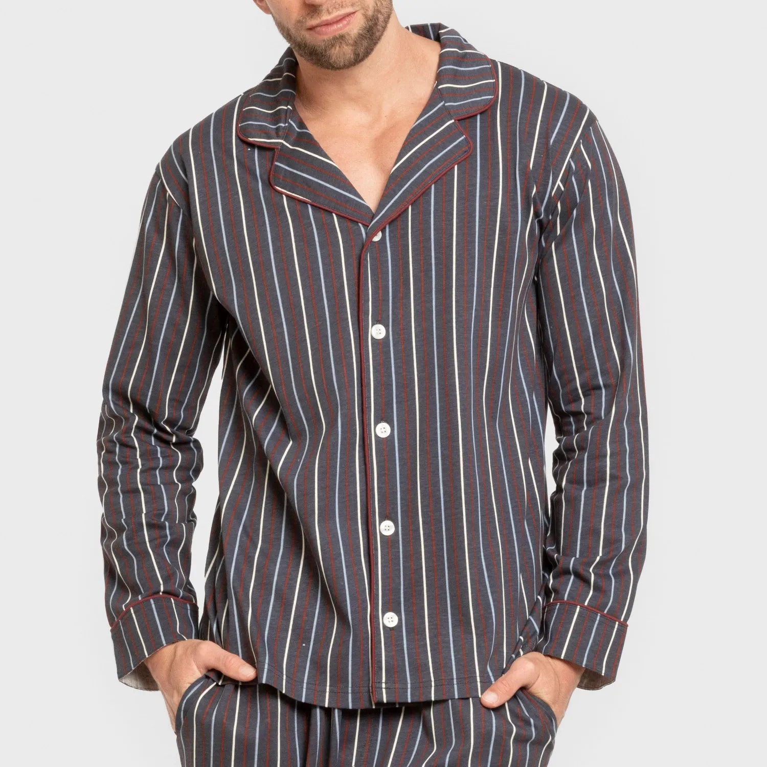 Pijama masculino longo estilo camisa de algodão, listrado em azul San Luis.