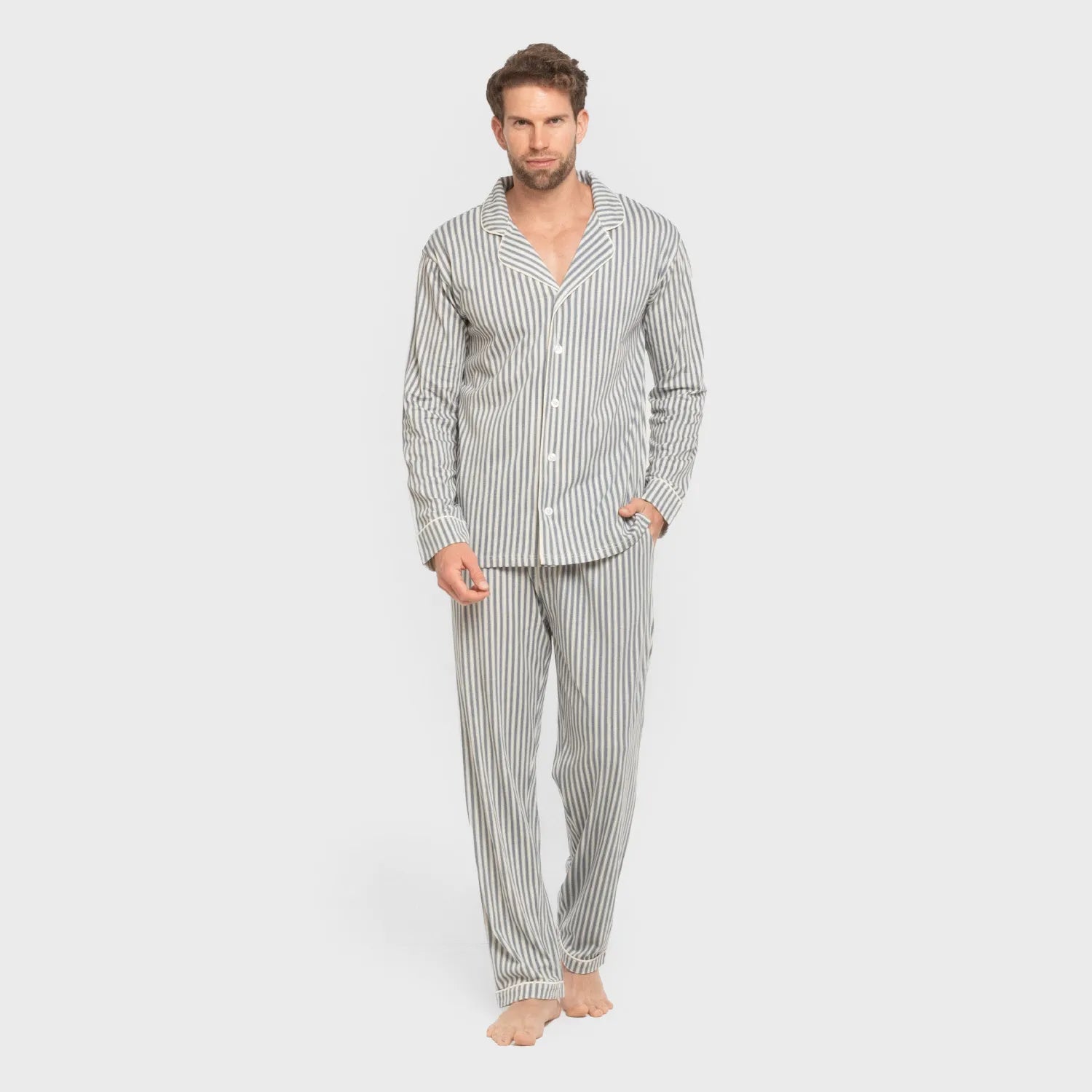 Pijama masculino longo estilo camisa de algodão, Ceballos com listras índigo.