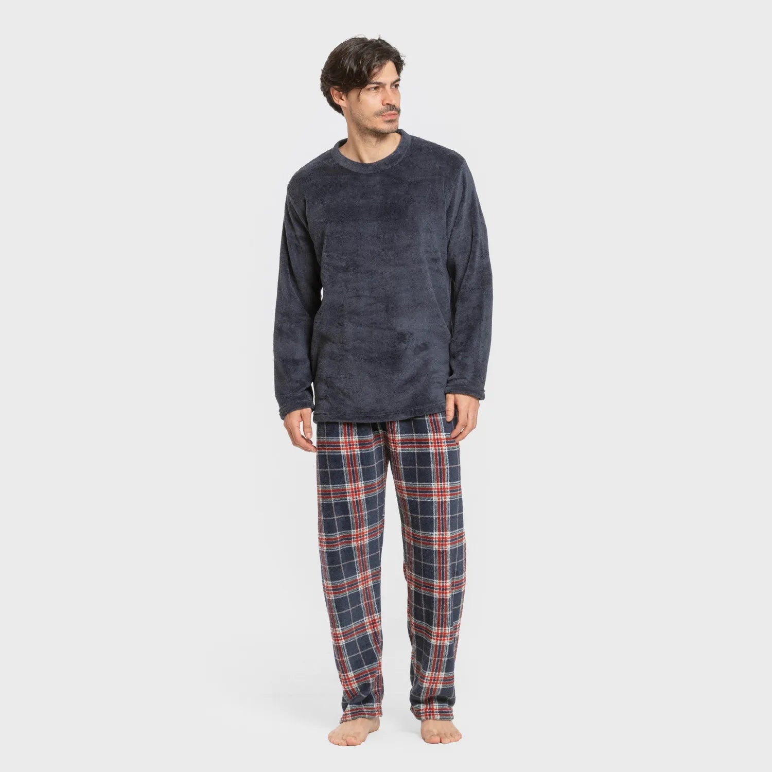 Pijama masculino de fleece coral, modelo Curtis, xadrez azul marinho.