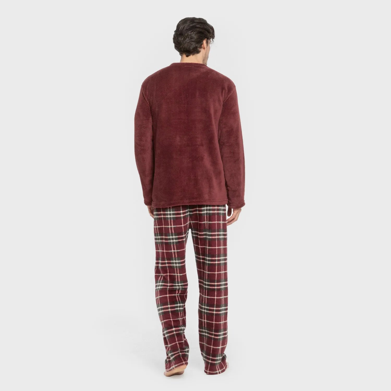 Pijama masculino de lã coral Sauron xadrez bordô