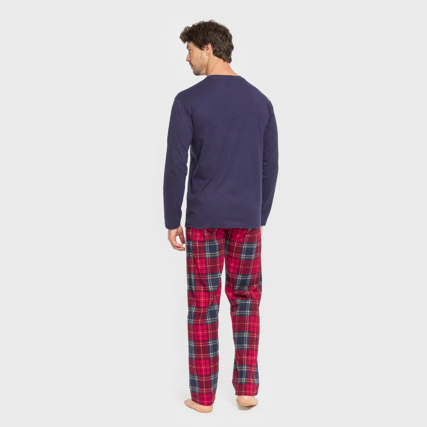 Pijama masculino de flanela, estampa xadrez Bilbo, azul marinho