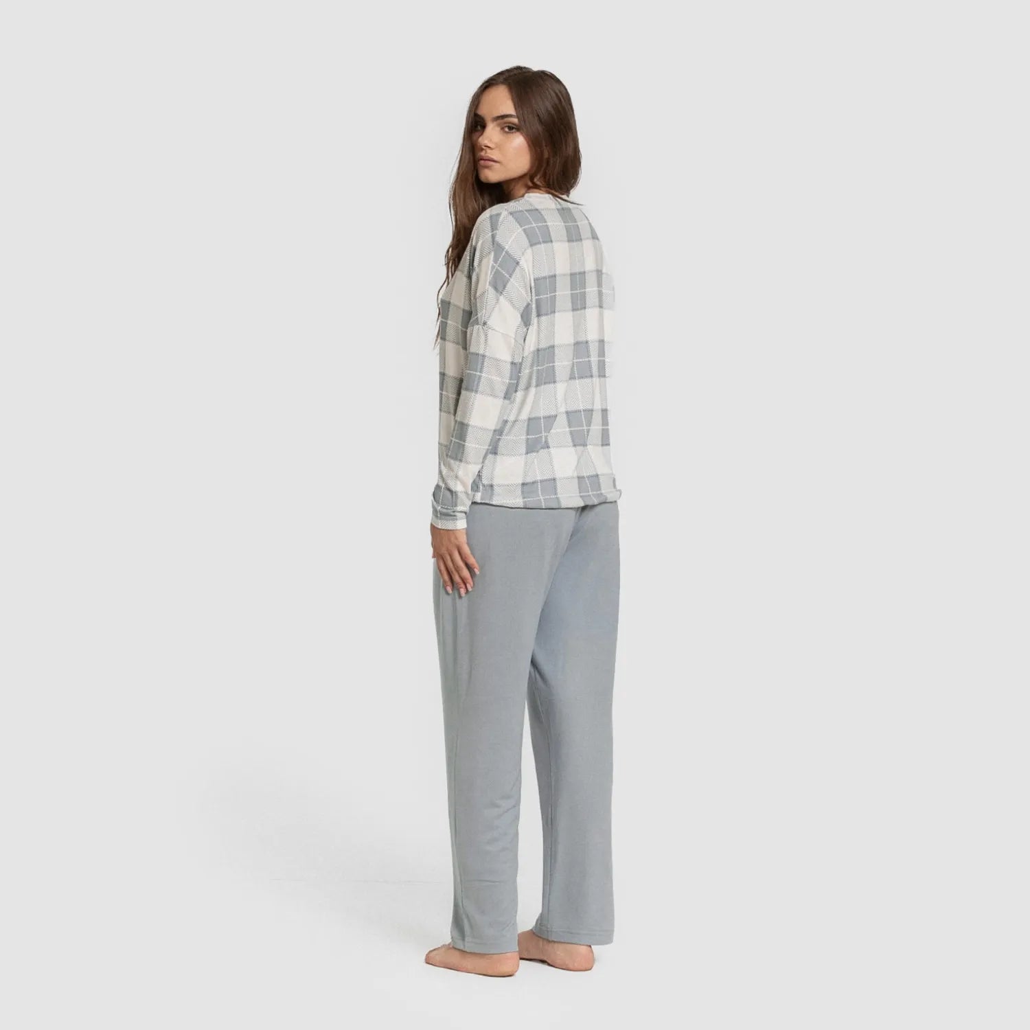 Pijama comprido feminino Secret, estampa xadrez Guima índigo