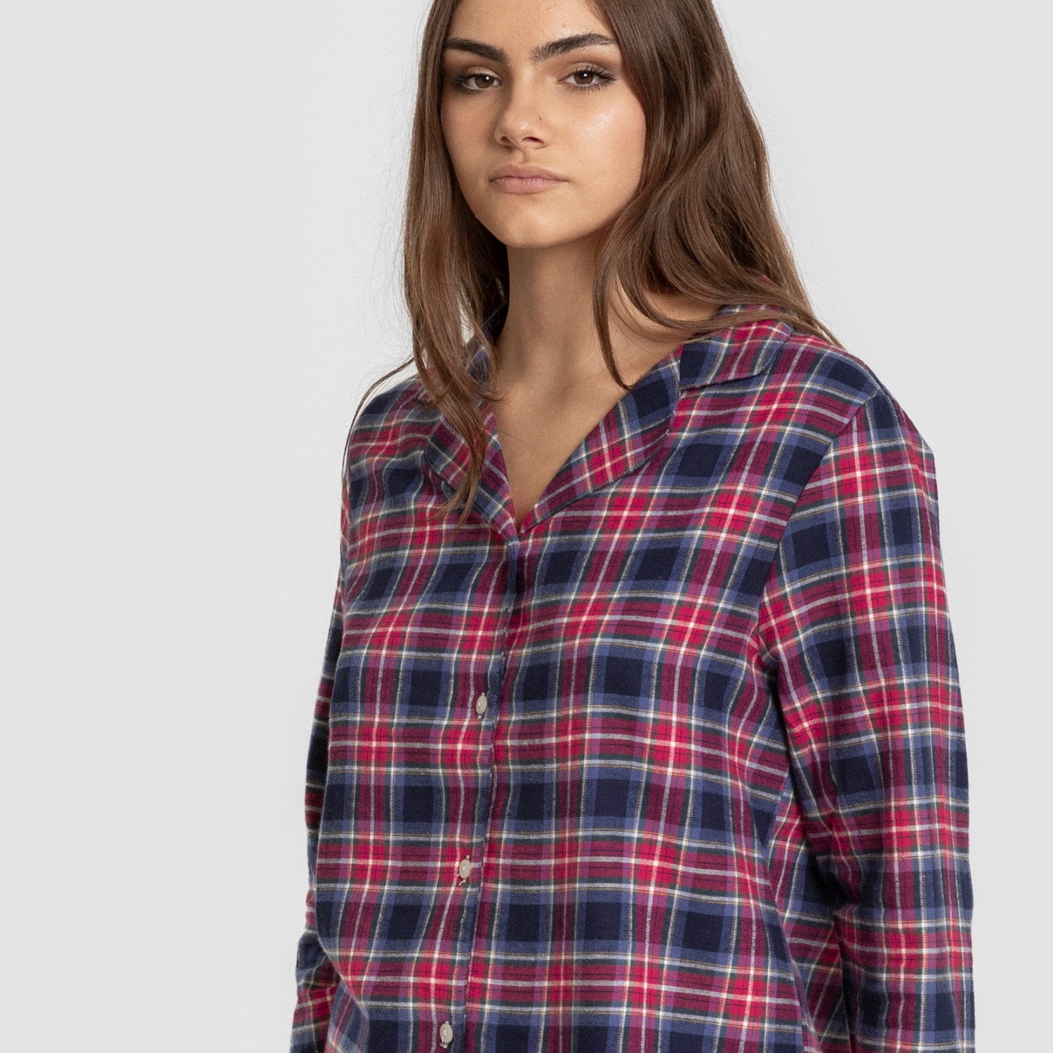 Pijama feminino de flanela de manga comprida, estilo camisa, xadrez Hemerito azul.
