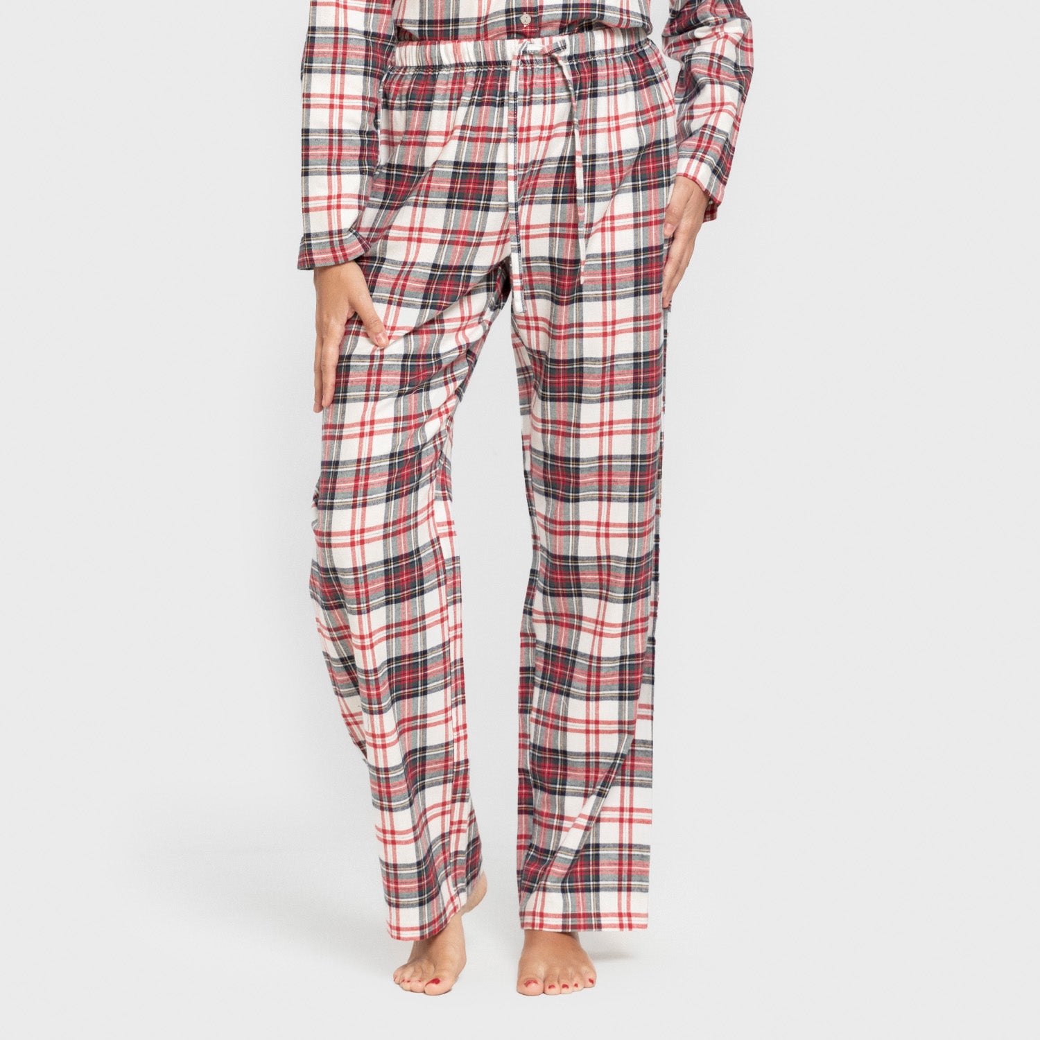 Pijama feminino de flanela de manga comprida, estilo camisa, xadrez vermelho mercúrio.