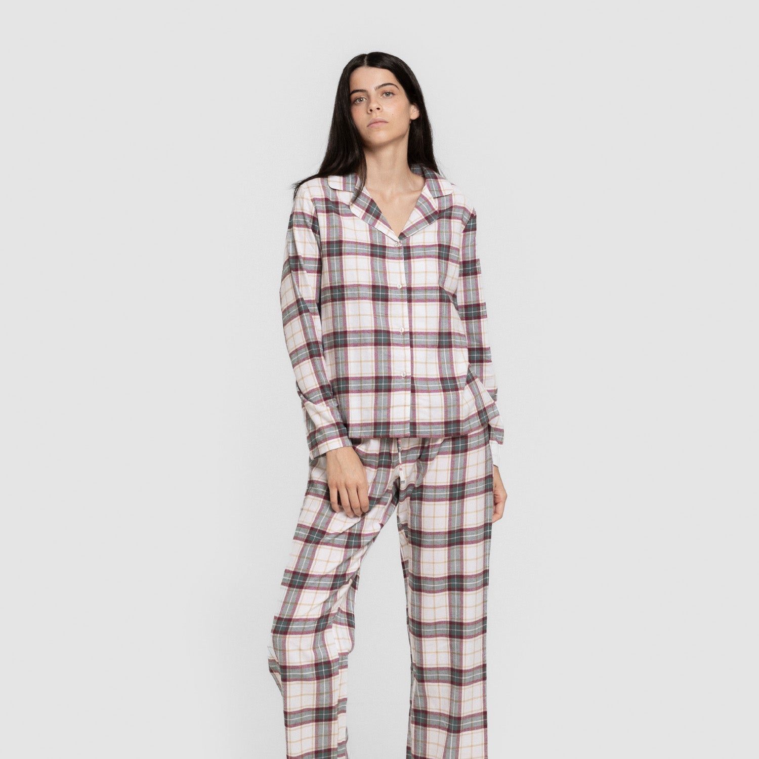 Pijama feminino de flanela de manga comprida, estilo camisa xadrez floral verde.