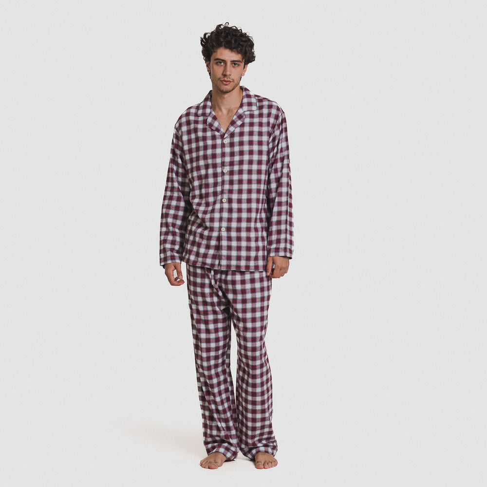 Pijama masculino de flanela de manga comprida, estilo camisa, xadrez bordô Gustavo.
