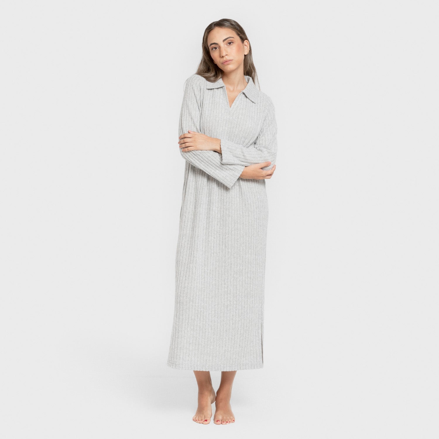 Vestido feminino de manga comprida com lapela e modelagem canelada 4x2, cinza