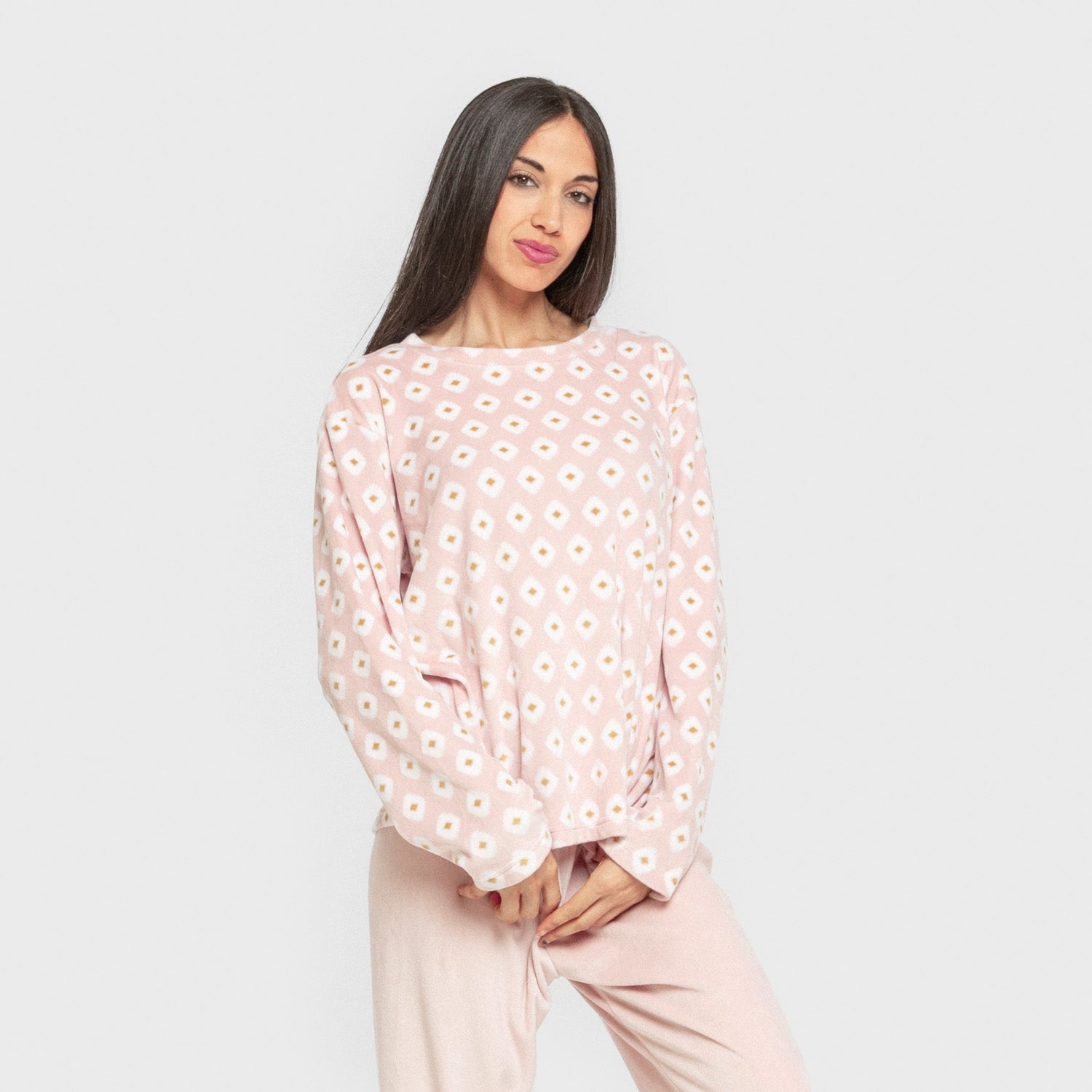 Pijama feminino Joy de veludo super macio, rosa claro.