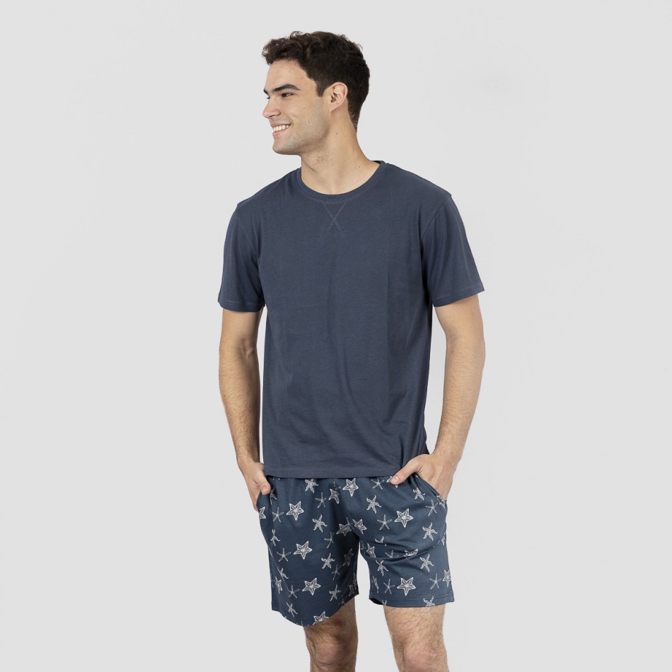 Pijama homem curto Starfish azul marinho roupa-para-estar-em-casa