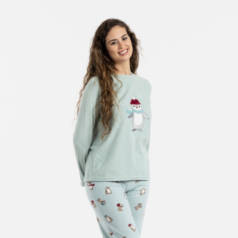 Pijama polar Pingu verde tiffany pijama-inverno-mulher