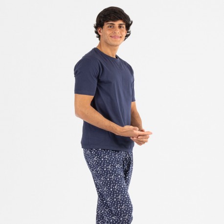 Pijama comprido manga curta algodão homem Yelco azul marinho