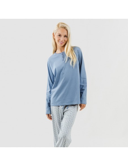 Pijama algodão Michelle azul indigo pijama-largo-algodon