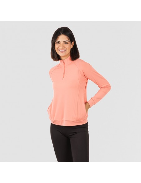 Camisola desportiva mulher com fecho de correr e bolsos laranja