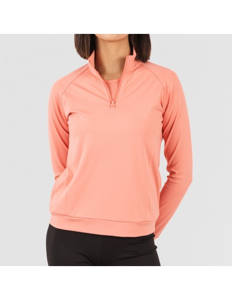 Camisola desportiva mulher com fecho de correr e bolsos laranja