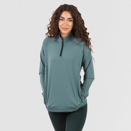 Camisola desportiva mulher com fecho de correr e bolsos verde garrafa