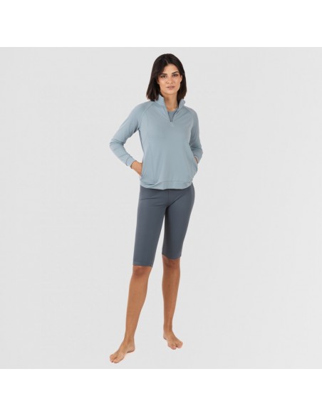 Camisola desportiva mulher com fecho de correr e bolsos azul indigo Camisola desportiva mulher com fecho de correr e bolsos azul indigo