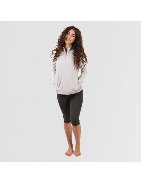 Camisola desportiva mulher com fecho de correr e bolsos cinza
