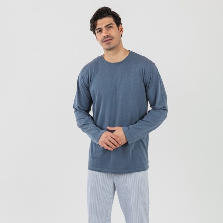 Pijama algodão homem Lista azul indigo pijamas-compridos-homem