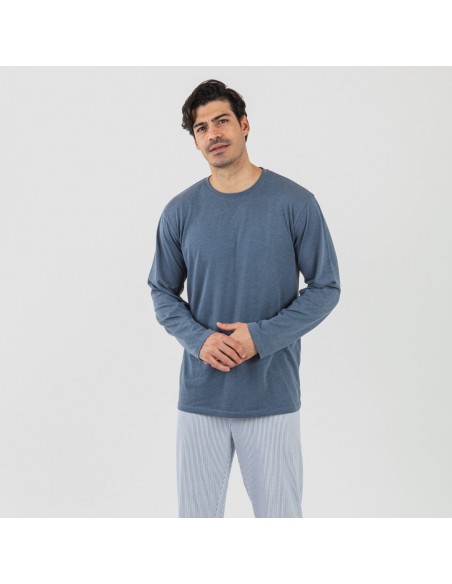 Pijama algodão homem Lista azul indigo pijamas-compridos-homem