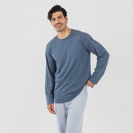 Pijama algodão homem Lista azul indigo