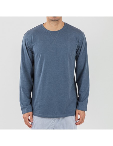 Pijama algodão homem Lista azul indigo