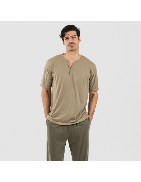 Pijama homem manga curta com botão verde caça - verde escuro pijamas-compridos-homem