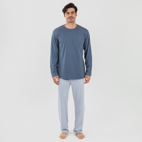 Pijama algodão homem Lista azul indigo