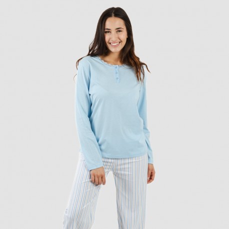 Pijama algodão Bennet azul celeste pijamas-compridos-de-mulher