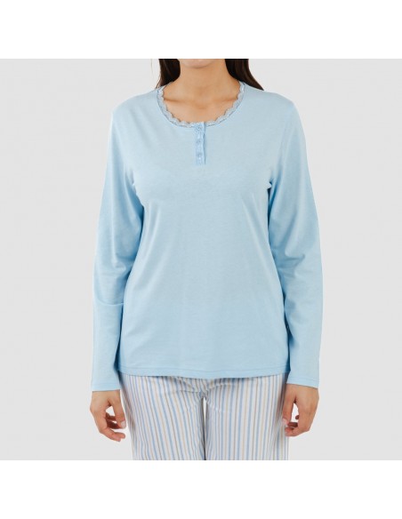 Pijama algodão Bennet azul celeste pijamas-compridos-de-mulher