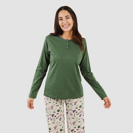 Pijama algodão Eire verde caça pijamas-compridos-de-mulher