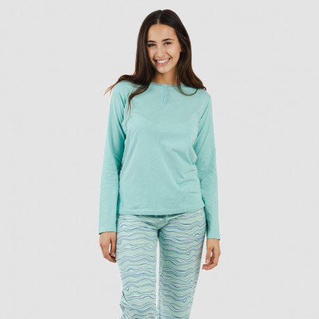 Pijama algodão Ola verde água pijamas-compridos-de-mulher