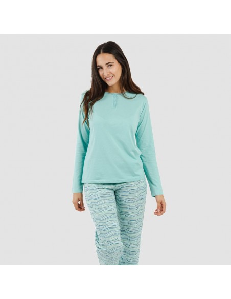Pijama algodão Ola verde água pijamas-compridos-de-mulher