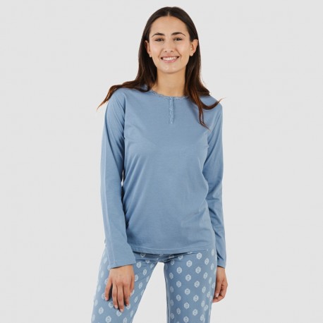 Pijama algodão Garbo azul anil pijamas-compridos-de-mulher