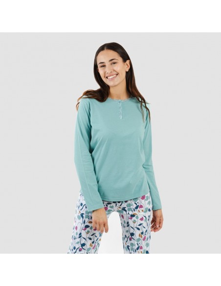 Pijama algodão Maura verde água pijamas-compridos-de-mulher