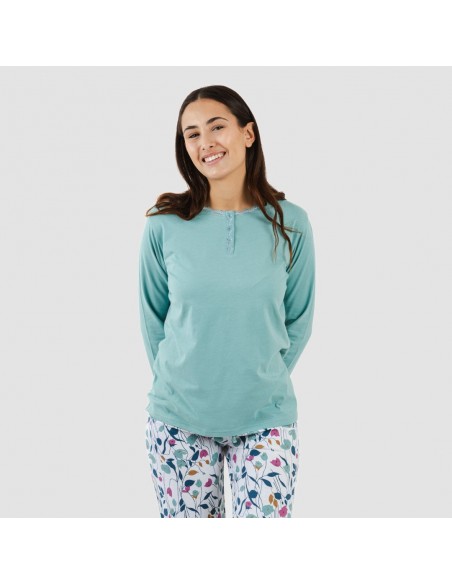 Pijama algodão Maura verde água pijamas-compridos-de-mulher